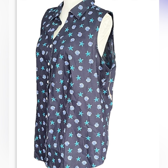 Talbots Top Button Up Sleeveless Plus Size 1X Navy Blue Starfish Shells NEW - Picture 3 of 7